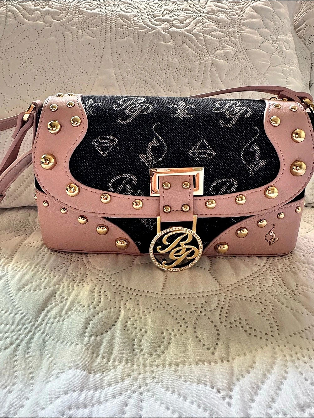 Baby Phat Black Denim & Pink Monogram Print Flap Shoulder Bag Crossbody Bag